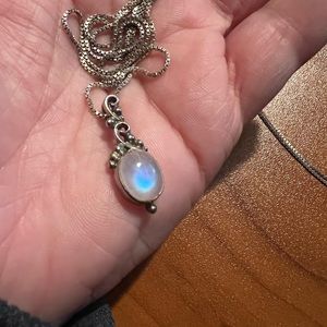 Sterling Silver Rainbow Moonstone Cabochon Box Chain Necklace. Handmade 18"